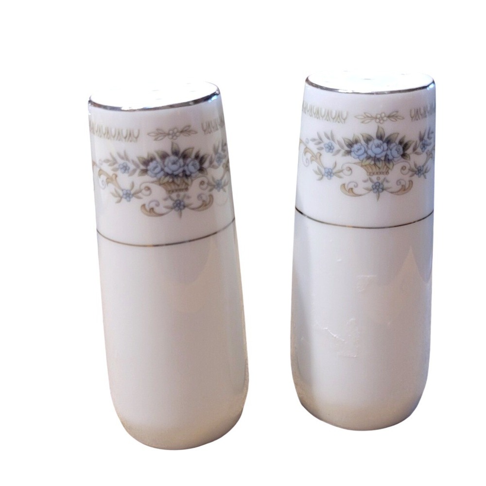 Vintage Diane Porcelain Salt Pepper Shakers Floral Blue Silver Trim Tableware